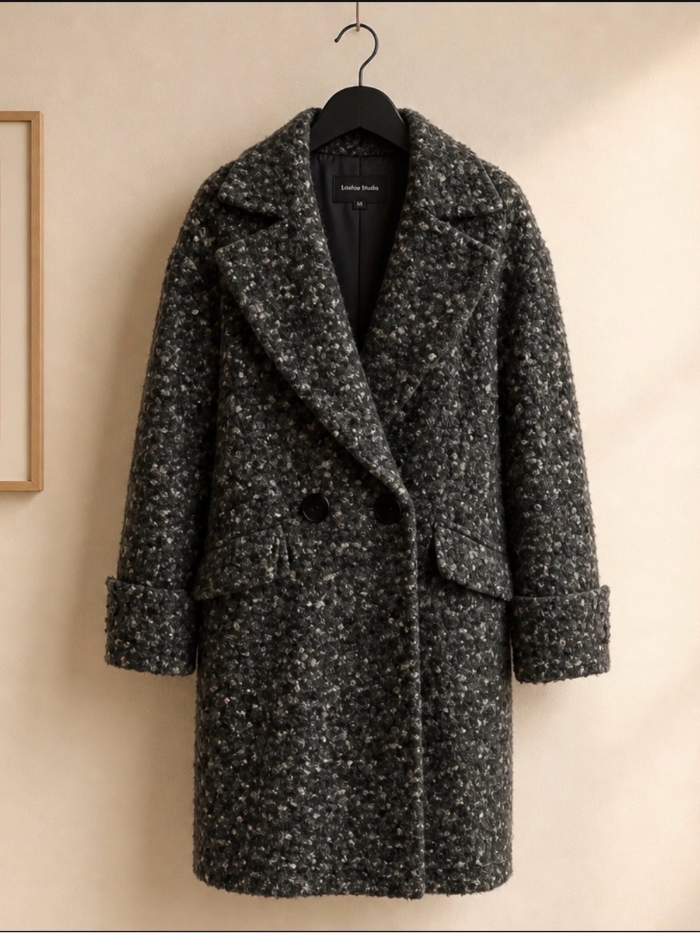 RD Style Women's Charcoal Bouclé Double-Breasted Pea Coat